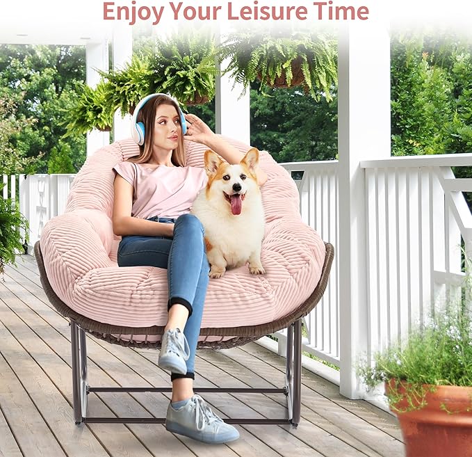 HOMEFUN Outdoor Patio Rocking Chairs, Oversized Papasan Rock Chair Indoor with Striped Velvet Padded Cushion - Rocker Egg Seat for Front Porch, Garden, Patio, Backyard Pink