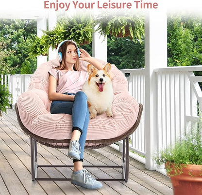 HOMEFUN Outdoor Patio Rocking Chairs, Oversized Papasan Rock Chair Indoor with Striped Velvet Padded Cushion - Rocker Egg Seat for Front Porch, Garden, Patio, Backyard Pink