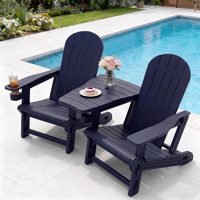 Vongrasig Adirondack Chairs Set of 2 with Removable Tabletop, All-Weather HDPE Outdoor Chair Set with Wooden Textured, Cup Holder for Patio, Poolside, Deck, Garden, Dark Blue