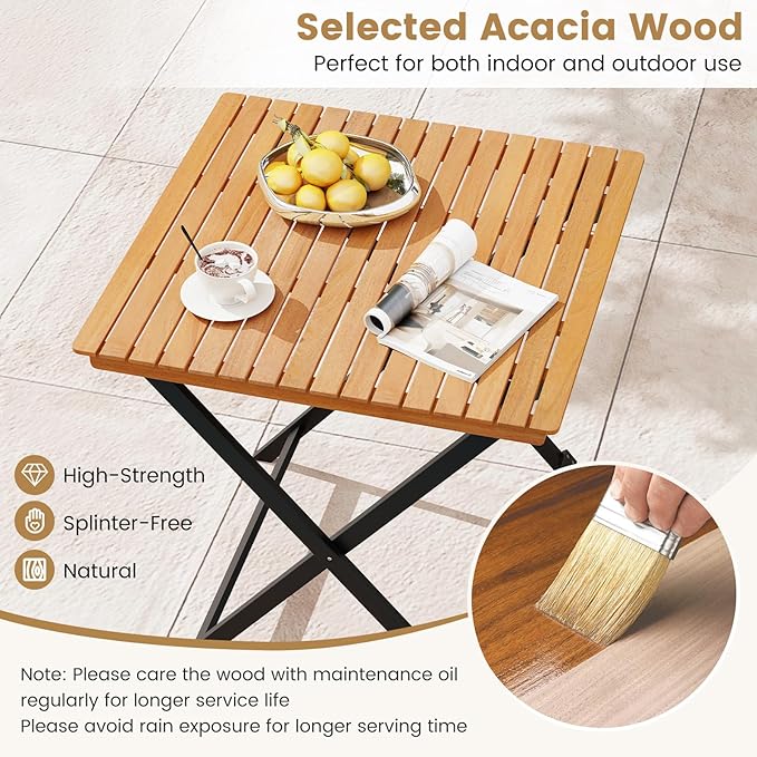 Tangkula 28-Inch Acacia Wood Patio Dining Table, Square Foldable Outdoor Table with Slatted Tabletop, Portable Outside Bistro Dining Table for Backyard, Porch, Balcony