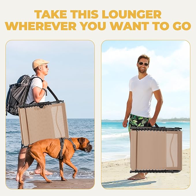 Yaheetech 26.4" Outdoor Folding Tanning Chair, Chaise Lounge Chairs with 5 Back Position Adjustable, Extended Portable Lounger for Beach, Patio, Beige