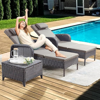 Belord Outdoor Chaise Lounge Patio Recliner - 75 Inch Adjustable Wicker Chaise Lounge with Soft Pillow Removable Cushions, All Weather Rattan Pool Lounge Chair for Poolside Deck Grey/Grey