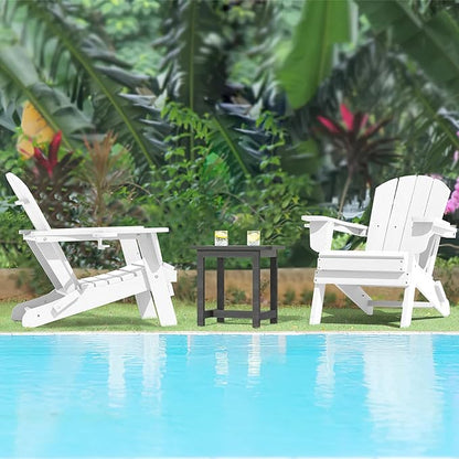 LOUNZY Folding Adirondack Chairs Set of 2, HDPE All-Weather Folding Adirondack Chair with Cup Holders, Outdoor Patio Adirondack Chair for Deck Lawn Fire Pit, White