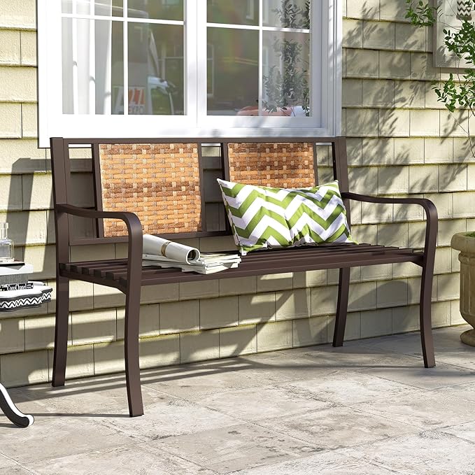 Tangkula 51” Metal Outdoor Park Bench, Patio Garden Bench with Rattan Backrest & Curved Armrests, Heavy-Duty Outside Loveseat for 2-3, Heavy-Duty Outdoor Seating for Backyard, Lawn, Porch