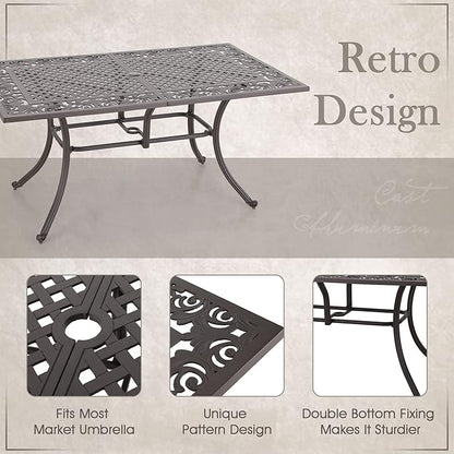 MFSTUDIO Cast Aluminum Patio Dining Table, Rectangular Outdoor Dining Table for 6, Patio Table with 2.16’’ Umbrella Hole, 63’’ Retro Design Metal Aluminum Table
