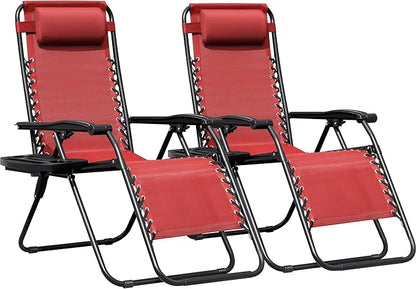 Greesum Zero Gravity Chairs Set of 2 Adjustable Steel Mesh Recliners Beach Deck Lawn Camping Patio Foldable Lounge Chair with Cup Holder Trays and Pillows,Red