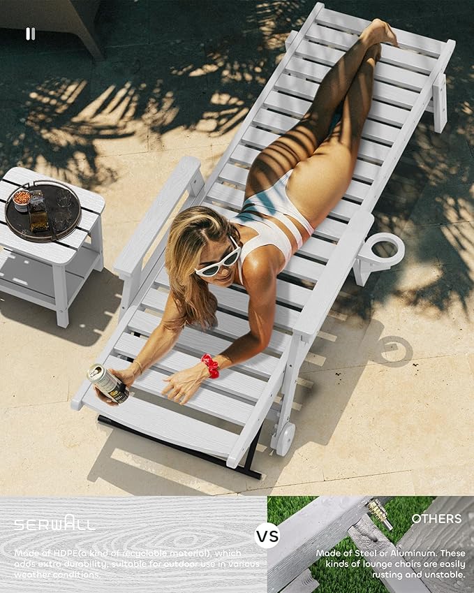 SERWALL Patio Chaise Lounge Chair Set of 2, 78'' Long 5-Positions Adjustable HDPE Outdoor Lounger for Pool - Photo 7