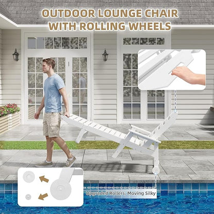 Mdeam 6-Position Lounge Chair Outdoor, 22" W Oversized Sun Tanning Chair, 500LBS Capacity, HDPE All-Weather Patio Lounge Chaise with Wheels Cup Holder for Pool Beach Backyard Lawn Deck, White