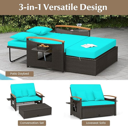 Moccha Outdoor Wicker Daybed, Patio Rattan Loveseat Sofa w/ 4-Level Adjustable Backrest, Folding Panels, Storage Ottoman & Cushions, Lounge Furniture Set for Poolside Backyard Porch (Turquoise)