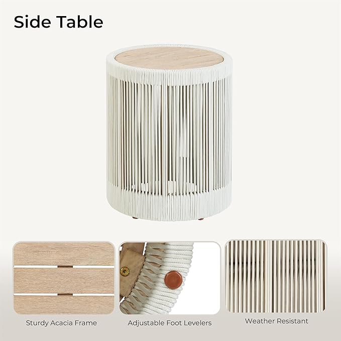 CHITA Outdoor Boho Wicker Side Table with Adjustable Foot Leveler and Acacia Wood Top, 16 Inch Patio Rattan End Table - Photo 3