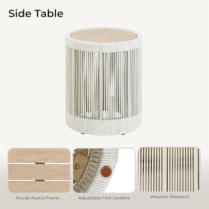 CHITA Outdoor Boho Wicker Side Table with Adjustable Foot Leveler and Acacia Wood Top,16 Inch Patio Rattan End Table, Fully Assembled(Cream)