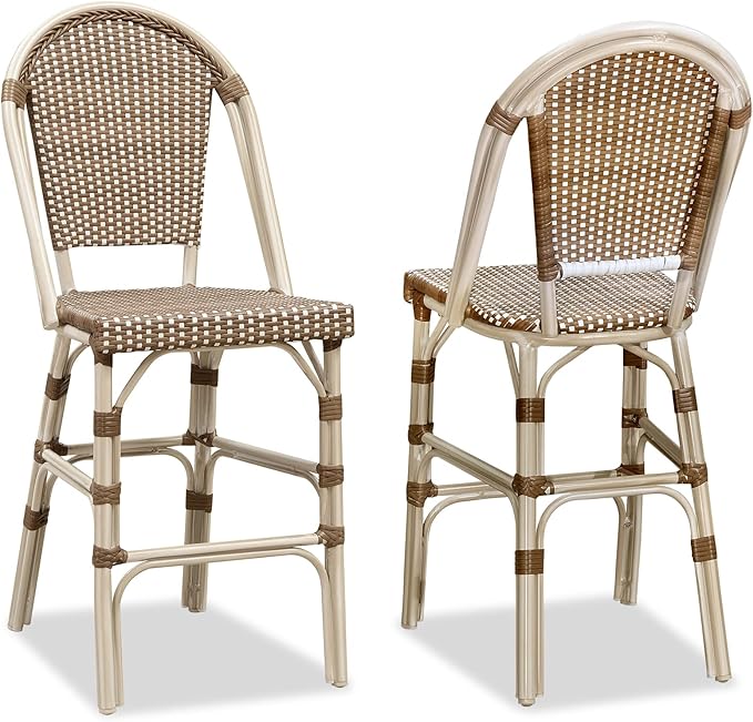 PURPLE LEAF French Counter Height Bar Stool Set of 2 25" White Print Finish Patio Bar Chairs with Back Rattan Bar Chairs French Bistro Set for Kitchen Outdoor Counter Stool Brown
