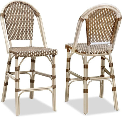 PURPLE LEAF French Counter Height Bar Stool Set of 2 25" White Print Finish Patio Bar Chairs with Back Rattan Bar Chairs French Bistro Set for Kitchen Outdoor Counter Stool Brown