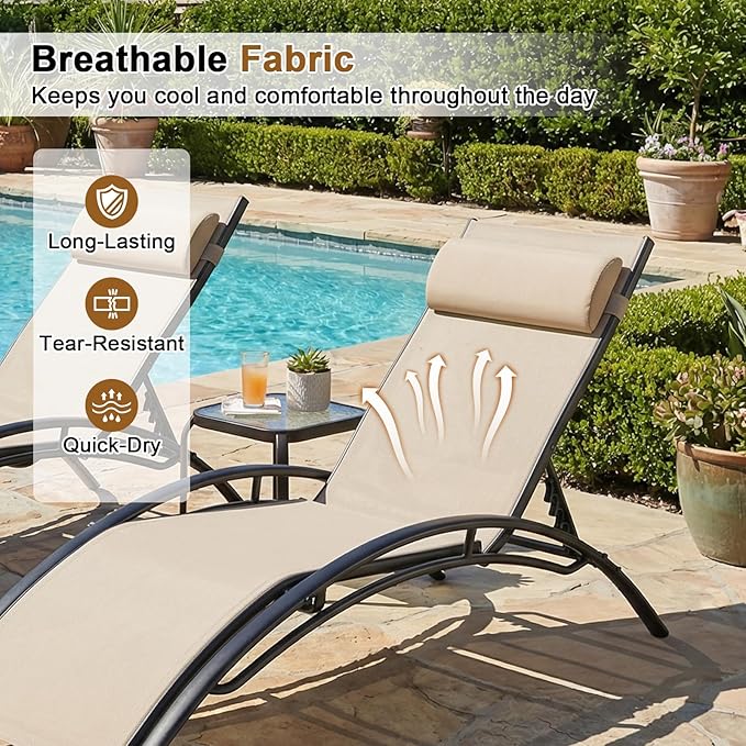 Tangkula Lounge Chairs Outdoor Set of 2, Heavy-Duty Patio Chaise Lounges with 5-Position Backrest & Breathable Seat Fabric, Outside Beach Pool Sunbathing Recliner for Backyard, Poolside (Beige)