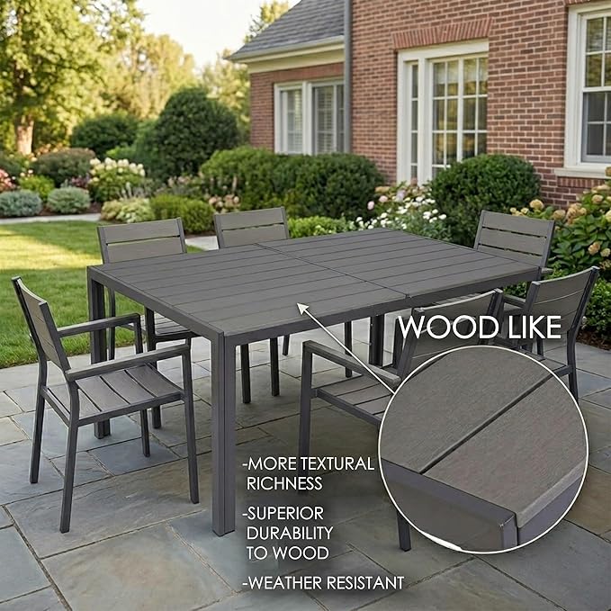 Kozyard Outdoor Patio Dining Table for 6, Rectangular 35.6" x 58.9" Metal Table with Wood-Look Tabletop, Weather-Resistant Frame for Backyard, Porch, Deck, Garden, Brown
