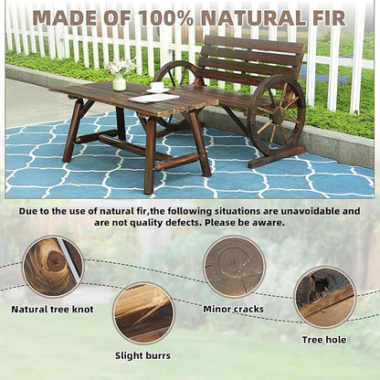 2-Piece Wooden Wagon Wheel Bench Set with Coffee Table, 2-Person Rustic Wood Garden Bench W/Wagon Wheel Armrests & Slatted Backrest, Outdoor Patio Loveseat Furniture Set for Lawn Yard Park