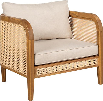 Christopher Knight Home Tilden Bohemian Acacia Wood Lounge Chair Outdoor Set of 4, Wicker Patio Accent Chair with Wooden Frame, Patio Furniture Set with Removable Cushion, Teak+Beige