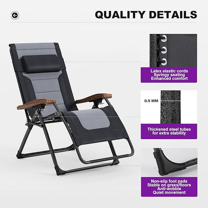 PURPLE LEAF Oversized Outdoor Reclining Chair Set of 2 Patio Zero Gravity Chaise Lounge Folding Chair with Quilted Cushion Adjustable Headrest for Lawn Camping Beach Pool Black and Grey