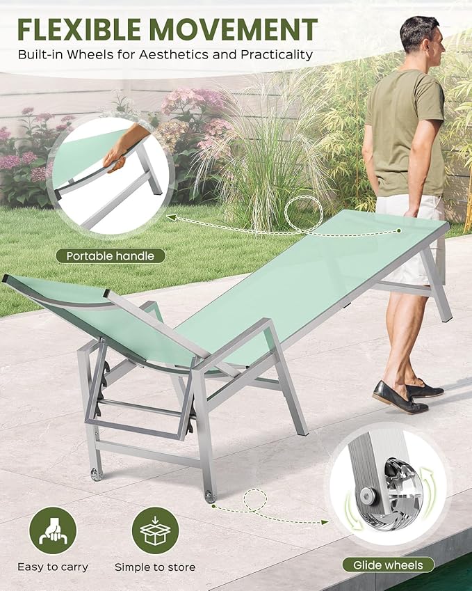 Patio Chaise Lounge Chair Outdoor with Wheels&Armrests, Aluminum Pool Lounge Chairs 5-Position Adjustable Recliner, Outdoor Beach Lounge Chairs for Poolside, Patio, Deck, Yard, Light Green