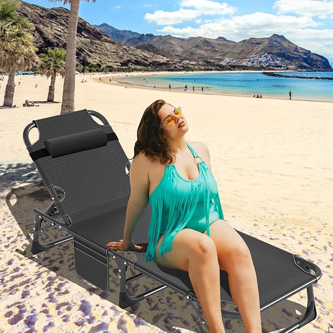 MOPHOTO Folding Chaise Lounge Chair 5-Position, Folding Cot, Heavy Duty Patio Chaise Lounges for Outside, Poolside, Beach, Lawn, Camping (Lounge Cot, Silver Azure)