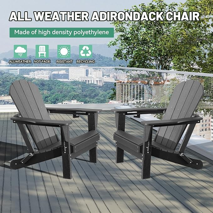 Adirondack Chairs Set of 2, Plastic Adirondack Chair, Adirondack Chairs, HDPE Adirondack Chair, Folding Adirondack Chairs, Outdoor Chairs with Cup Holder for Lawn Patio Deck Fire Pit -Grey