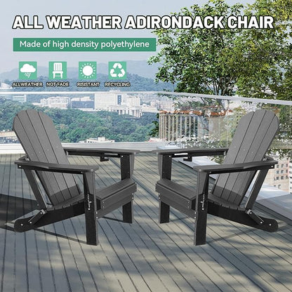 Adirondack Chairs Set of 2, Plastic Adirondack Chair, Adirondack Chairs, HDPE Adirondack Chair, Folding Adirondack Chairs, Outdoor Chairs with Cup Holder for Lawn Patio Deck Fire Pit -Grey