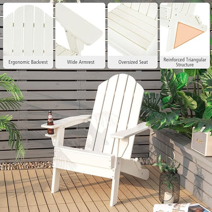 Giantex Adirondack Chair Outdoor Folding Chairs, HDPE Weather Resistant Patio Chair with Built-in Cup Holder Lawn Chair for Patio, Backyard, Balcony, Deck Outside Plastic Fire Pit Chair (4, White)