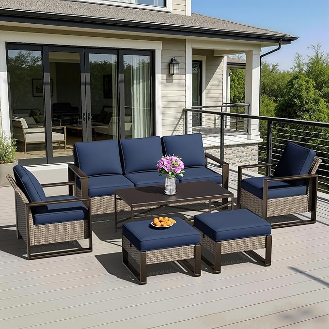 6 Pieces Metal Wicker Patio Furniture Set - 75" Sofa, 2 Armchairs and 2 Ottomans - Photo 1