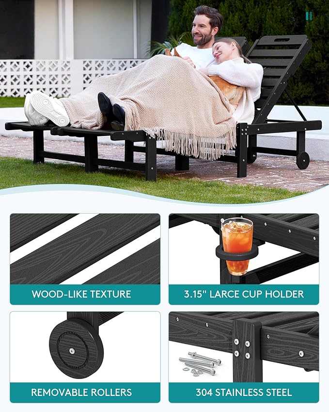 SERWALL Patio Chaise Lounge Set of 2, HDPE Outdoor Lounge Chair with Cup Holder, 5 Positions Adjustable Outdoor Lounger with Rolling Wheels for Poolside, Black