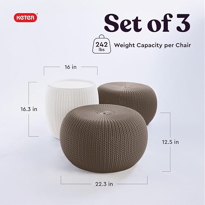 KETER Urban Knit Pouf Ottoman Set of 2 with Storage Table for Patio and Room Décor-Perfect for Balcony, Deck - Photo 3