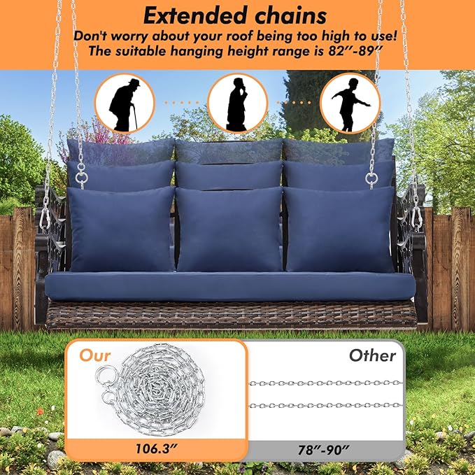 3-Person Wicker Porch Swing Chair Heavy Duty 900 LBS Outdoor Rattan Patio Swing Chair w/Cup-Holder & Steel Chains - Photo 5