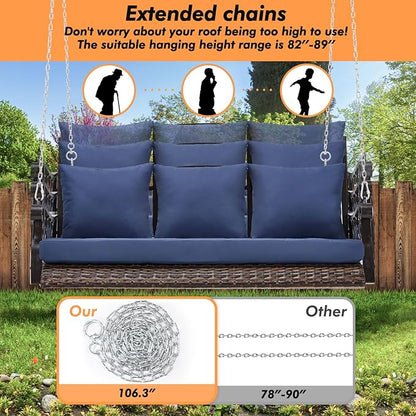 3-Person Wicker Porch Swing Chair Heavy Duty 900 LBS Outdoor Rattan Patio Swing Chair w/Cup-Holder & Steel Chains Hanging Bench Porch Swing Cushions for Deck & Backyard & Garden