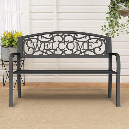 50 Inches Outdoor Garden Bench, Outside Bench with Anti-Rust Steel Metal Frame ＆ Non-Slip Legs, Patio Bench with Floral Pattern Backrest (Welcome)