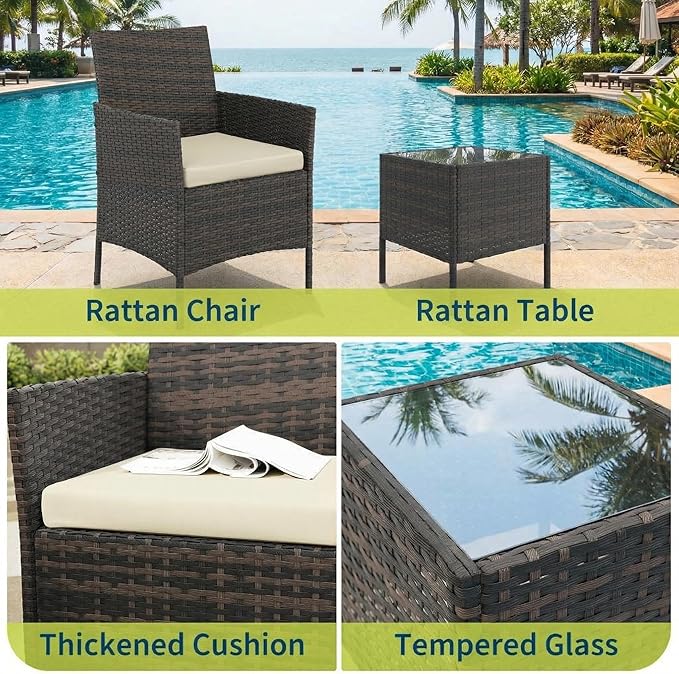 GarveeHome 3-Piece Patio Bistro Set, PE Rattan Outdoor Conversation Furniture with 2 Cushioned Chairs & Coffee Table - Photo 4