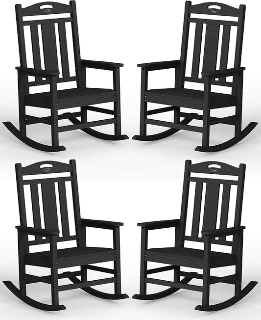 Ciokea Oversized Outdoor Rocking Chairs Set of 4, 380lbs Heavy-Duty Large Patio Rocker, High Back Cozy Porch Chairs, Weather Resistant Patio Rocking Chairs for Outside, Fire Pit, Deck, Black
