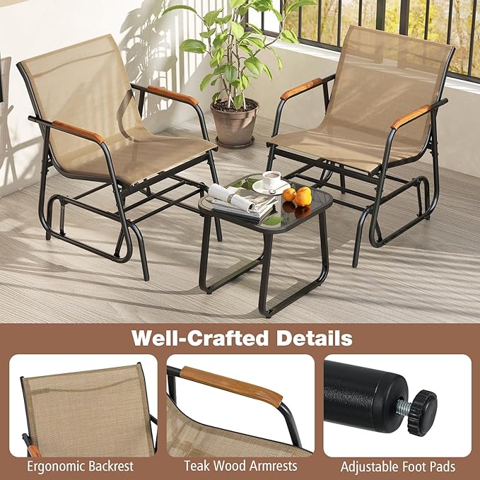 Tangkula 3 Piece Patio Bistro Glider Set, 2 Rocking Chairs w/Tempered Glass Side Table - Photo 8