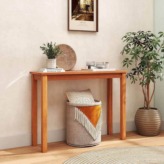Tangkula Narrow Outdoor Dining Table, Solid Wood Furniture Patio Console Table with Slatted Tabletop - Photo 6