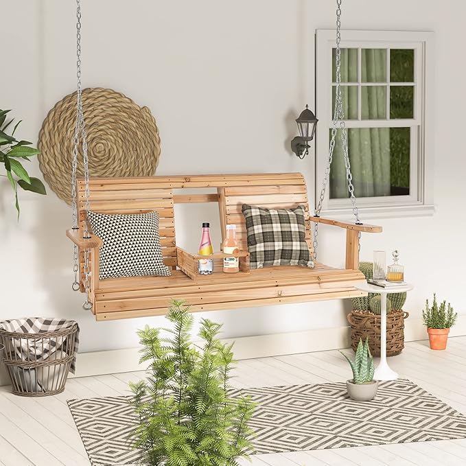Tangkula 2 Person Hanging Porch Swing, Outdoor Bench Swing with Adjustable Chains, Foldable Cup Holders, High Back - Photo 2