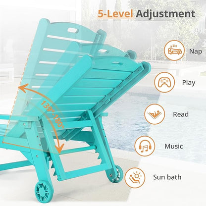 LUE BONA HDPS Chaise Lounge Chair with Table, 2-Piece, Outdoor Pool Lounge Chairs with Adjustable Backrest, Resin Patio Lounge Chairs with Wheels for Outside, Aruba Blue
