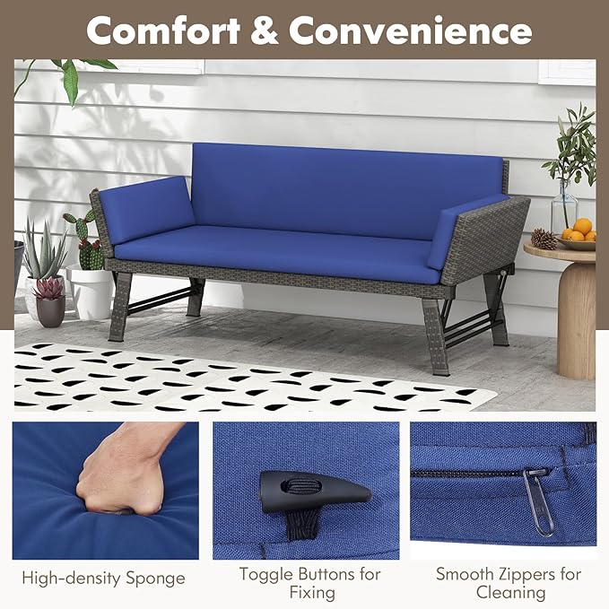 Tangkula Outdoor Convertible Sofa Daybed with Adjustable Armrests, PE Rattan Patio Couch Furniture with Thick Cushions - Photo 5