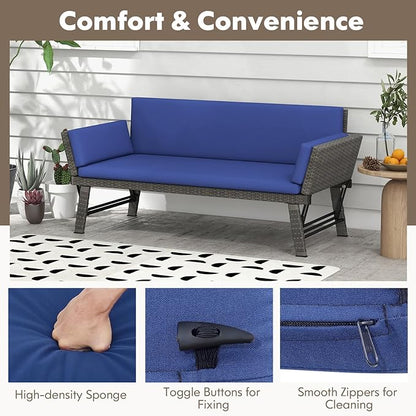 Tangkula Outdoor Convertible Sofa Daybed with Adjustable Armrests, PE Rattan Patio Couch Furniture with Thick Cushions, for Porch, Balcony, Backyard, Poolside (Navy)