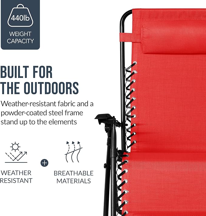 Best Choice Products Set of 2 Extra Wide Adjustable Steel Mesh Zero Gravity Lounge Chair Recliners w/Pillows and Cup Holder Trays - Crimson Red
