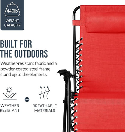 Best Choice Products Set of 2 Extra Wide Adjustable Steel Mesh Zero Gravity Lounge Chair Recliners w/Pillows and Cup Holder Trays - Crimson Red