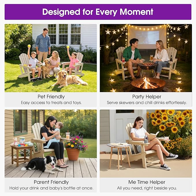 PURPLE LEAF Adirondack Chair HDPE All-Weather Outdoor Fire Pit Chair with 24.6" Oversized Seat Wood-Textured Patio Adirondack Chair with Dual Cup Holders for Garden Deck Backyard, Champagne