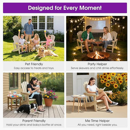 PURPLE LEAF Adirondack Chair HDPE All-Weather Outdoor Fire Pit Chair with 24.6" Oversized Seat Wood-Textured Patio Adirondack Chair with Dual Cup Holders for Garden Deck Backyard, Champagne