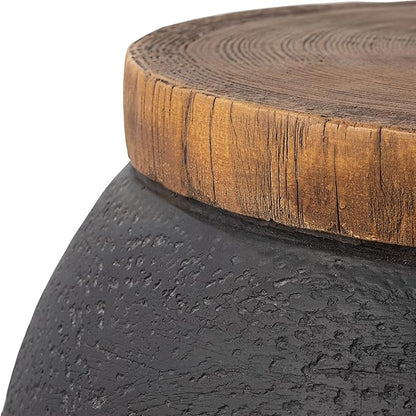 COSIEST Outdoor Side Table,Black Drum Outdoor End Tables,17" Concrete Patio Side Table for Outside Faux-Wood Top Accent Side Table Stool for Livingroom,Bedroom,Garden