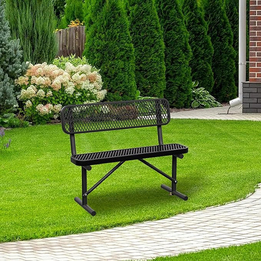 4 FT Heavy Duty Metal Park Bench for Outside, Outdoor Benches Weatherproof Black Bench with Backrest & Portable Frame, 1-3 Person Seat-Commercial Benches Garden Benches for Outdoors