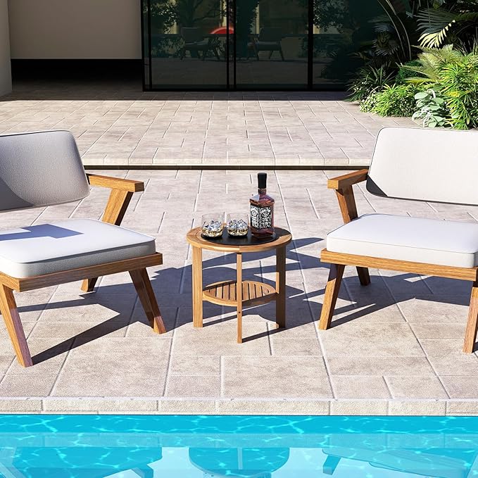 Giantex 19.5" Outdoor Round Side Table Set of 2, 2-Tier Patio Table with Slatted Tabletop & Open Storage Shelf, Easy Assembly, Teak Wood Small End Table for Porch, Backyard, Garden, Pool, Natural