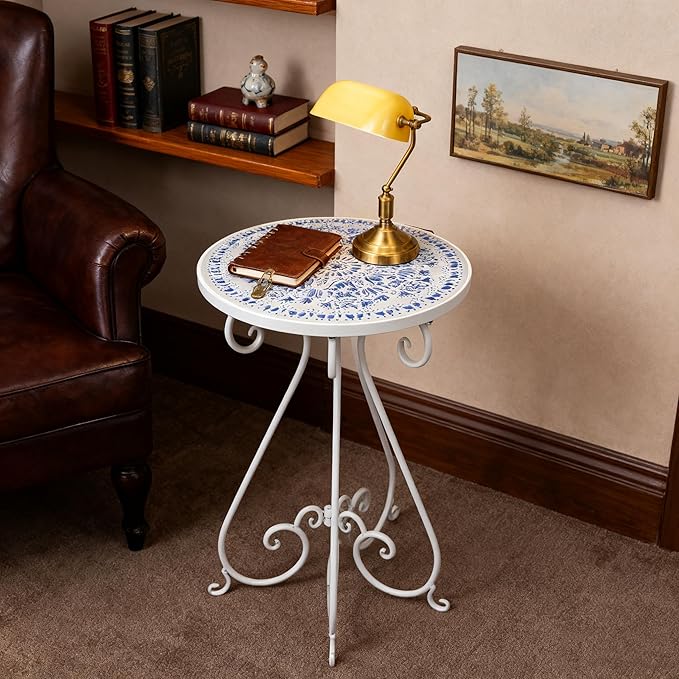 Outdoor Side Table & Mosaic Plant Stand, 14" Ceramic Tile Top Round End Table Accent Table, Indoor Outdoor Coffee Tea Table for Yard Porch Garden Patio Living Room Bedroom (Blue, 14 Inch)