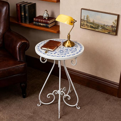 Outdoor Side Table & Mosaic Plant Stand, 14" Ceramic Tile Top Round End Table Accent Table, Indoor Outdoor Coffee Tea Table for Yard Porch Garden Patio Living Room Bedroom (Blue, 14 Inch)
